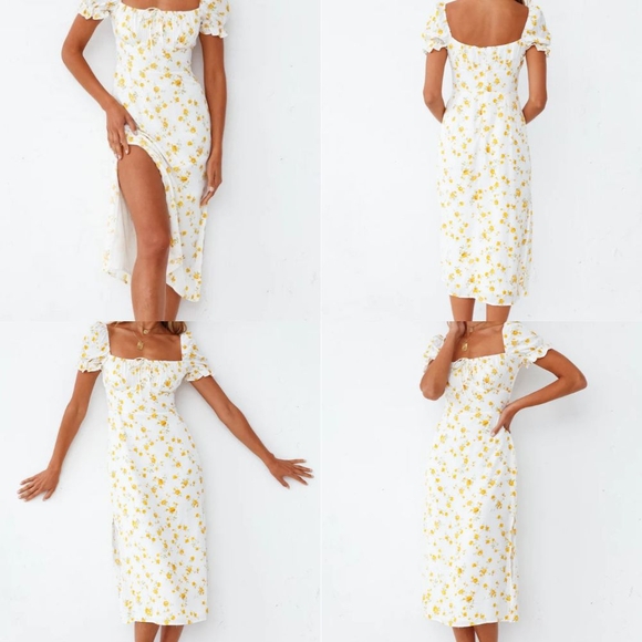 ↠ Sundae Muse White & Yellow Floral Puff Sleeve Milkmaid Tie Front Midi Dress - Picture 9 of 11